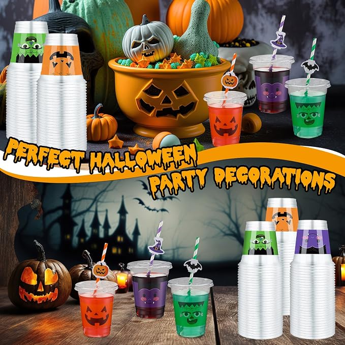 Jingmore 60 Set 12 oz Halloween Plastic Cups Disposable Clear Cups with Lids Paper Straws and Straw Cover for Halloween Party Supply Beer Beverage Snack Coffee Drink Ice Cream