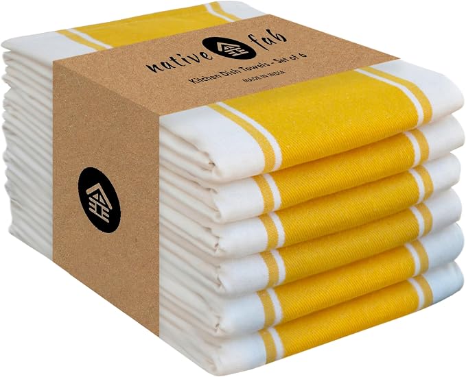 Native Fab Yellow Striped Kitchen Towels 18"x28", Set of 6, Wide Stripe, Highly Absorbent, Fast Dry, 100% Cotton Towels for Hand Drying, Counter Cleaning, Glassware & Dish Drying, Wash Rags - Yellow