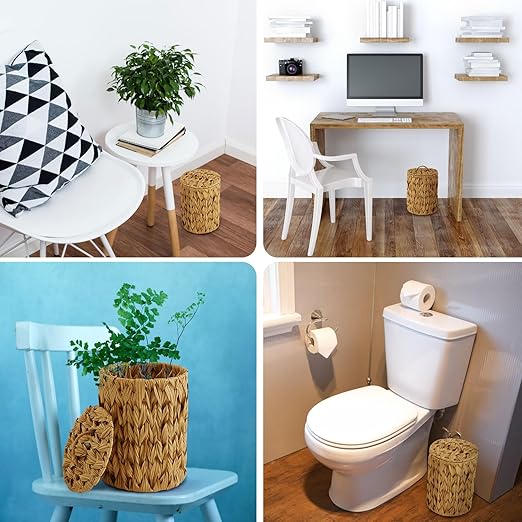 Ctosree 1.3 Gallons Small Trash Can with Lid Handle Boho Woven Braided Bathroom Waste Basket Trash Can with 100 Garbage Bags for Bedroom Office Laundry(Braided Polypropylene, Caramel Color)