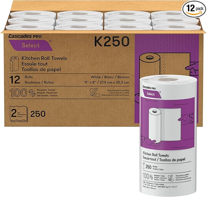 Cascades PRO Select Kitchen Roll Towel - Strong and Absorbent 2-Ply Paper Towels for Kitchens, Breakrooms, Schools, Offices - Recycled, Compostable - 250 Sheets/Roll, 12 Rolls/Box -K250 - White