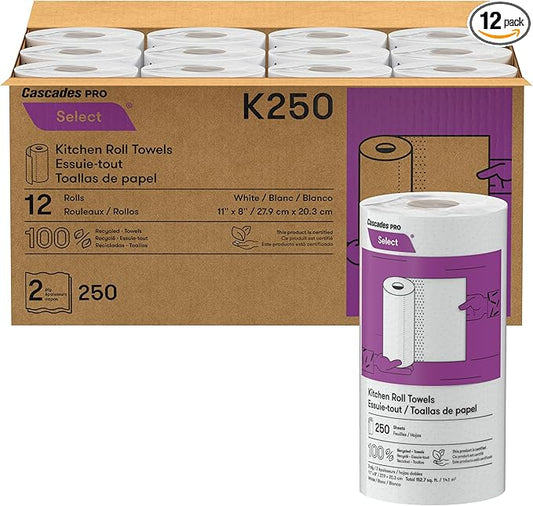 Cascades PRO Select Kitchen Roll Towel - Strong and Absorbent 2-Ply Paper Towels for Kitchens, Breakrooms, Schools, Offices - Recycled, Compostable - 250 Sheets/Roll, 12 Rolls/Box -K250 - White
