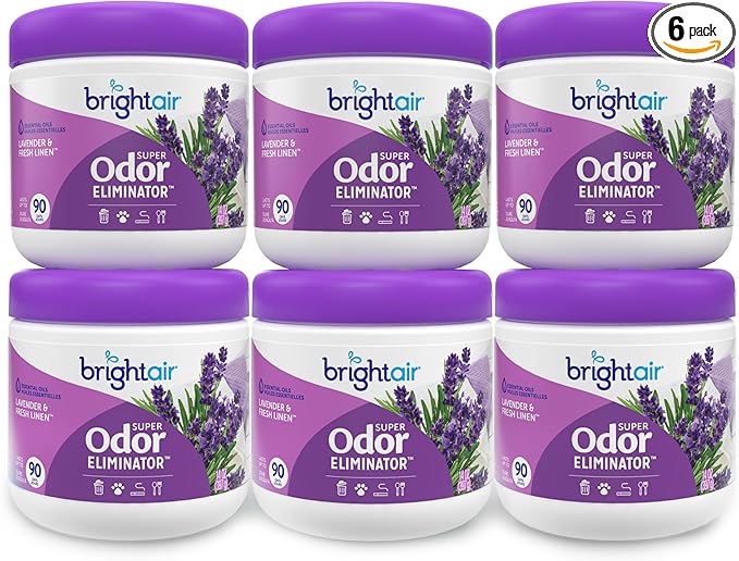 Bright Air 14 oz. Super Odor Eliminator, For Medium-Size Spaces, Lavender & Fresh Linen Scent, Case of 6, Odor Eliminator & Air Freshener, Natural Essential Oils, Lasts Up to 90 Days Each
