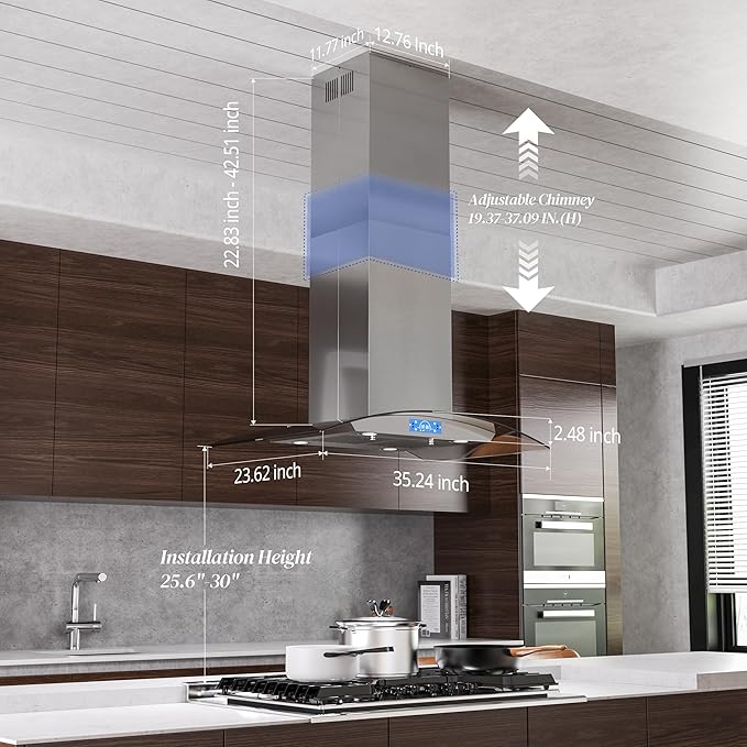 FIREGAS Island Range Hood 36 inch 700 CFM, Island Mount Kitchen Vent Hood with Tempered Glass, 4 LED Lights, 3 Speed Fan,Touch Control,Permanent Filter,Charcoal Filter, Stainless Steel,Ceiling Mount