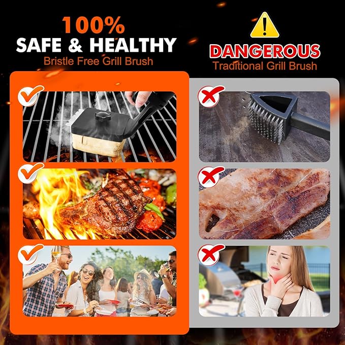 Sponge Grill Brush for Outdoor Grill, Upgraded Safe Bristle Free Grill Brush with Scraper Replaceable Head, BBQ Cleaning Brush for Dad, 1+2 Pcs