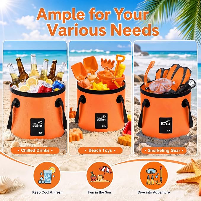 5 Gallon 4 Pack Collapsible Bucket, Foldable Water Bucket with Handles, Portable Camping Buckets for Fishing, Hiking, Cleaning, Outdoor & Travel Use (Orange)