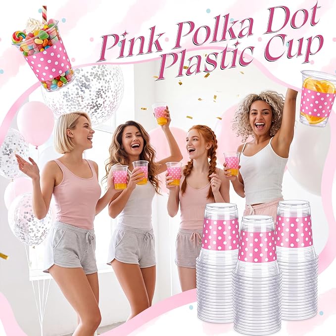 Qinyoung 50 Pcs Plastic Cups 12oz Disposable Cups Bulk Drinking Cup for Cold Drinks Baby Shower Wedding Birthday Valentine's Day Party Supplies (Pink Dot)