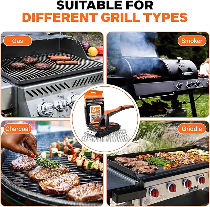 Proud Grill Q-Swiper XL BBQ Grill Brush Cleaner Set - 1 Long Grill Brush with Scraper & 40 Cleaning Wipes, Easy-Clean, Bristle & Wire Free, Grease & Grime Remover, Cleaner Kit for Outdoor Smoker