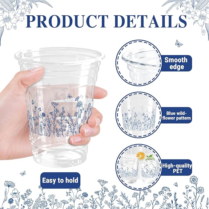 100 Pcs Blue Floral Plastic Cups Chinoiserie Disposable Plastic Cups 12 oz Spring Summer Wildflowers Clear Cups Wedding Birthday Baby Shower Party Supplies
