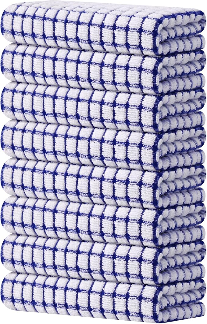 Kitinjoy Cotton 8 Pack Terry Kitchen Towels, 16 x 25 Inches Super Soft and Absorbent Dish Towels, Quick Drying Hand Towels for Kitchen Drying, Blue