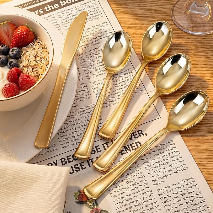 Liacere 200 Pack Gold Plastic Spoons - 6.7 inch Heavy Duty Plastic Spoons - Heavyweight Gold Disposable Spoons for Parties & Weddings & Restaurants & Christmas & New Year