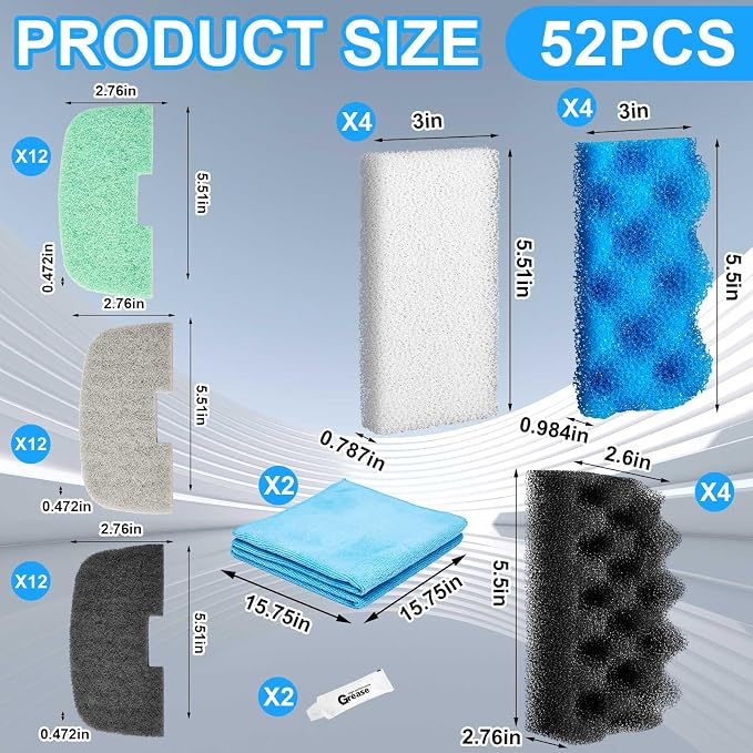 Threlaco 52 Pcs Replacement Filter Media Kit Compatible with Fluval 106/107 Aquarium Filters Include Biological Foams Ammonia Remover Phosphate Pads Nitrite Remover, Towel and Grease