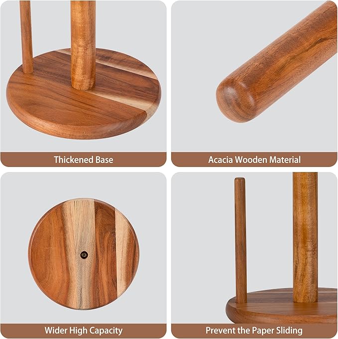 Acacia Wood Paper Towel Holder Countertop, Wooden Paper Towel Holder Thicken Base for Kitchen, Easy to Assemble, Sturdy, Durable, Natural Wood Color