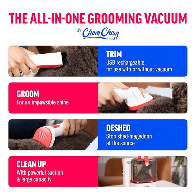 ChomChom Roller Dog Vacuum for Shedding Grooming – Dog Grooming Kit with Dog Brush Vacuum Attachment, Pet Hair Clipper with Guards, Large-Capacity Bin