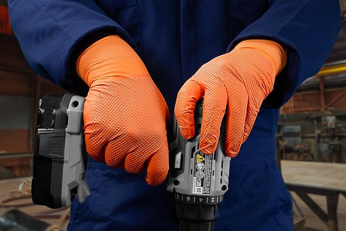 GLOVEWORKS Industrial Orange Disposable Gloves, Flock-Lined Nitrile Gloves, Raised Diamond Textured Grip, 8 mil