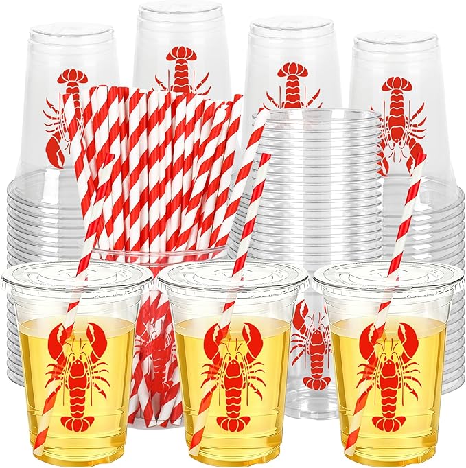 FYSUIMU 50Pcs 12 Oz Crawfish Plastic Cups with Lids & Straws Summer Crayfish Disposable Cup Red Lobster Clear Drinking Cups for Seafood Boil Theme Birthday Baby Shower Party Supplies