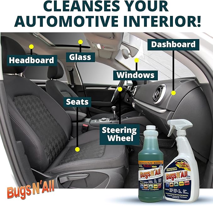Bugs N' All Multi Surface Cleaner Spray Concentrate 32 oz. w/Empty Cleaning Spray Bottle 32 oz. & Bug Sponge for Car Washing - Mutli-Vehicle Cleaning - Bug & Tar Remover for all Vehicles
