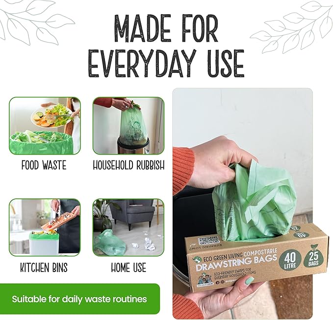 Eco Green Living 40L Compostable Biodegradable Food Waste Bin Bags, Thick, Strong & Leakproof. Caddy Liners 100% Plant-Based, Plastic-Free, Drawstring Bin Liners, Fits 30–40L Bins, 50 Bags
