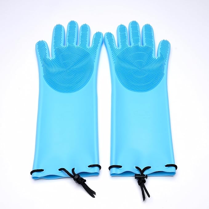 Jokari Scrub n' Suds Silicone Dish Gloves with Built-In Scrubber Bristles – Waterproof Cleaning Gloves, Extended Sleeves with Drawstring & Cord Lock, 100% Food-Grade Silicone, Large Size, 1 Pair