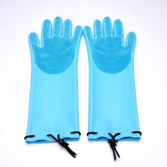 Jokari Scrub n' Suds Silicone Dish Gloves with Built-In Scrubber Bristles – Waterproof Cleaning Gloves, Extended Sleeves with Drawstring & Cord Lock, 100% Food-Grade Silicone, Large Size, 1 Pair