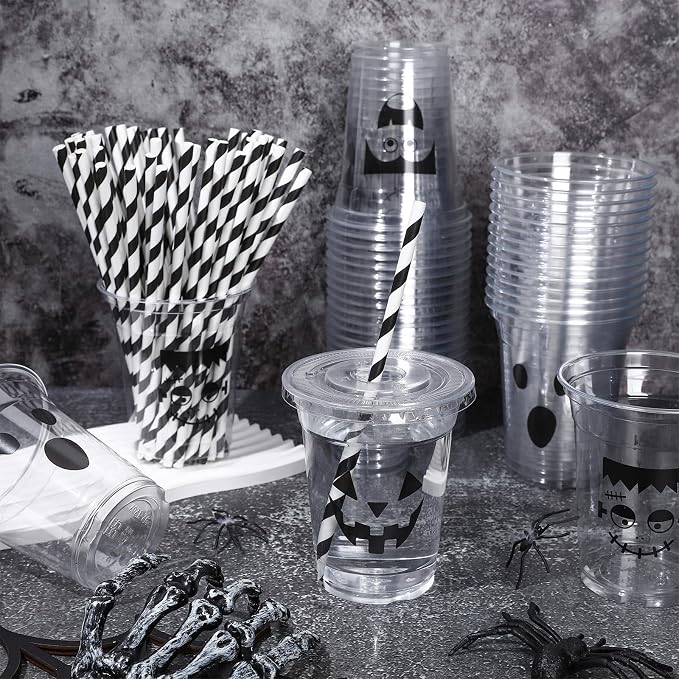 Whaline 60 Pcs Halloween Disposable Plastic Cups with Lids and Straws 12 oz Vampire Monster Ghost Pumpkin Cold Beverage Drinking Cups for Birthday Party Favors