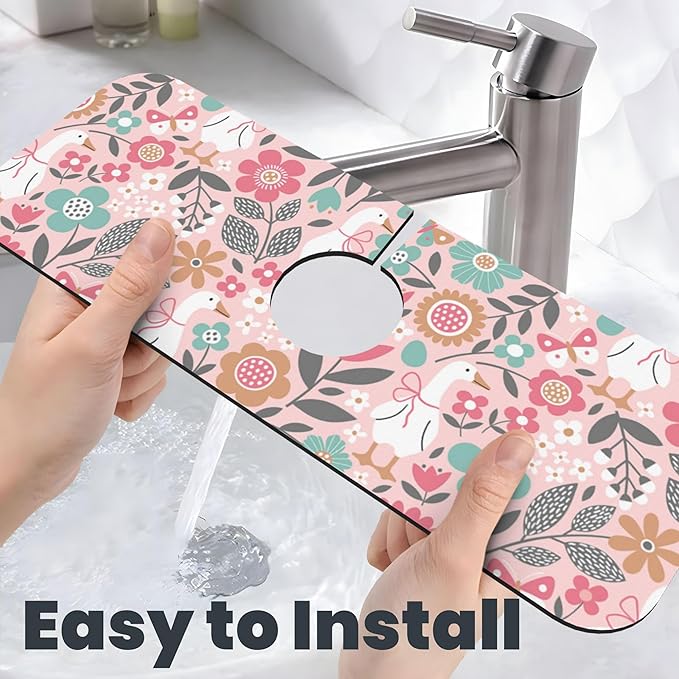 3Pcs Goose and Flower Dish Drying Mat & Kitchen Sink Splash Guard Faucet Mat For Kitchen Counter Absorbent Microfiber Dishes Pad Dish Drainer Rack Mats Fast Dry Kitchen Accessories