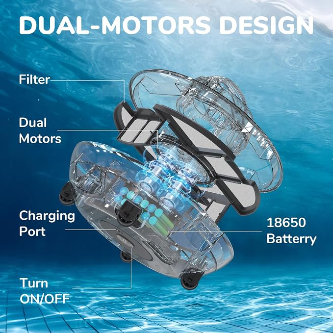 Robotic Pool Cleaner, Cordless Pool Vacuum with Dual-Drive Motors, Top Handle, Self-Parking Technology, Lightweight, Perfect for Above-Ground/In-Ground Flat Pools up to 645sq.ft (Lasts 90 Mins)