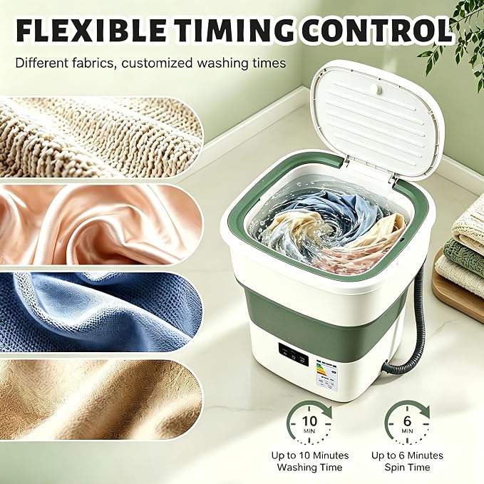 Portable Washing Machine, 50L Large Capacity Foldable Mini Washer with Spin Basket, Adjustable Wash 2–10 Min & Spin 1–6 Min Timer, for Apartment, RV, Camping, Dorm, Travel (Green)