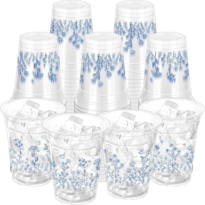 100 Pcs Chinoiserie Disposable Plastic Cups,16 oz Blue and White Flower Clear Plastic Cups for Birthday, Baby Shower, Wedding and Tea Party Drinking Cups Supplies