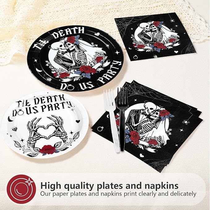 96Pcs Till Death Party Decorations Till Death Do Us Gothic Bachelorette Paper Plates and Napkins Bride or Die Decorations for Gothic Wedding Bachelorette Romantic Skeleton Party Supplies Serves 24