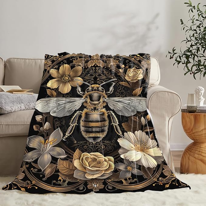Tijuboni Bee Throw Blanket Bee Gifts for Women Men Girls Boys Kids Adults Soft Flannel Fleece Blanket for Couch Sofa Bed Home Decor 60"x80"