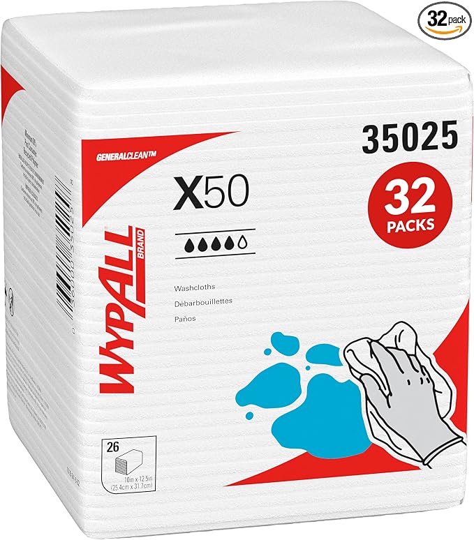 WypAll GeneralClean X50 Cloths Cleaning Wipes (35025), Quarterfold, Strong Towels for Extended Use, White (32 Packs of 26 Sheets, 832 Sheet Total)