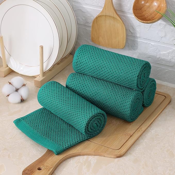 Kitinjoy 100% Cotton Waffle Weave Kitchen Hand Towels (13 X 28 Inches, Teal), 8-Pack Super Soft and Absorbent Dish Towel for Drying Dishes