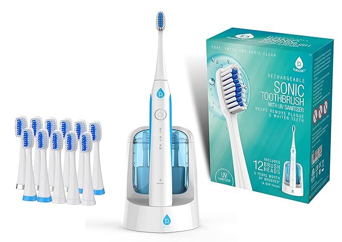 Pursonic S750 Sonic Toothbrush (White) — Smart Series Electronic Power Rechargeable Battery Toothbrus for Adults — 12 Bonus Brush Head