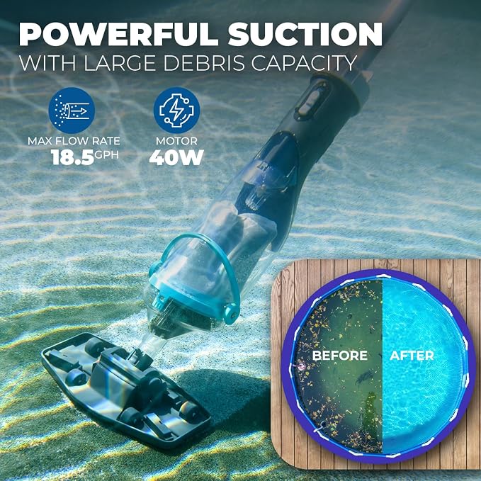 XtremepowerUS Pool Vacuum for Above Ground Pool with Telescopic Pole, Running Time Up to 60min, Handheld Rechargeable Pool Cleaner Powerful Suction Up to 18.5 gallons/min, Ideal for Leaves & Debris
