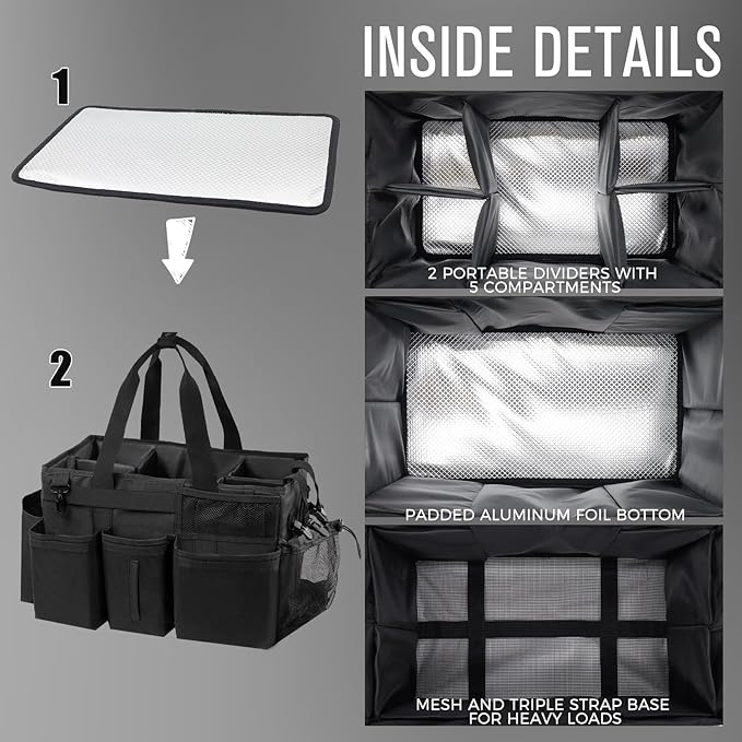 SCAVATA Wearable Cleaning Caddy Organizer with Handle & Shoulder Straps for Housekeepers, Under Sink & Car Cleaning Tool Organizer Bag with 4 Foldable Dividers (Black)