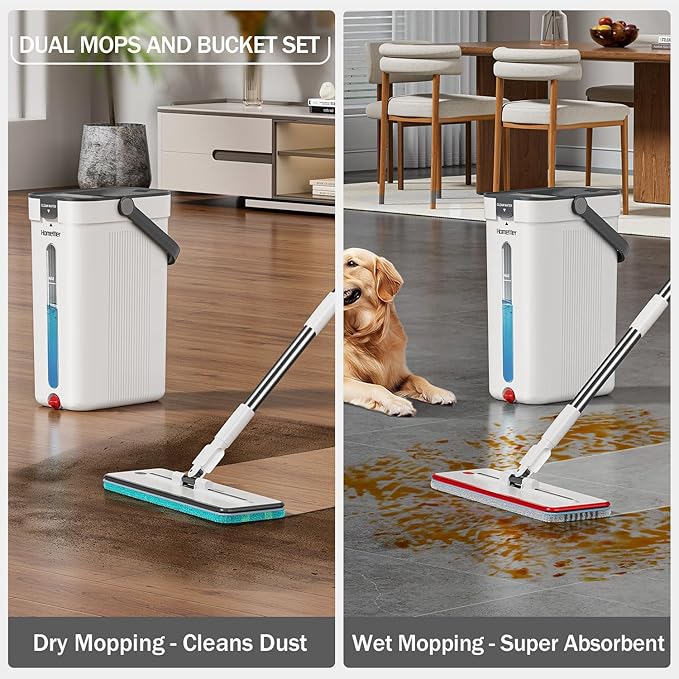 HoMettler Dual Mop and Bucket Set, Flat Mop and Bucket System with Separate Dirty and Clean Water, 3-Compartment Wall Cleaner Mop, Flat Mops for Floor Cleaning with 6 Microfiber Pads