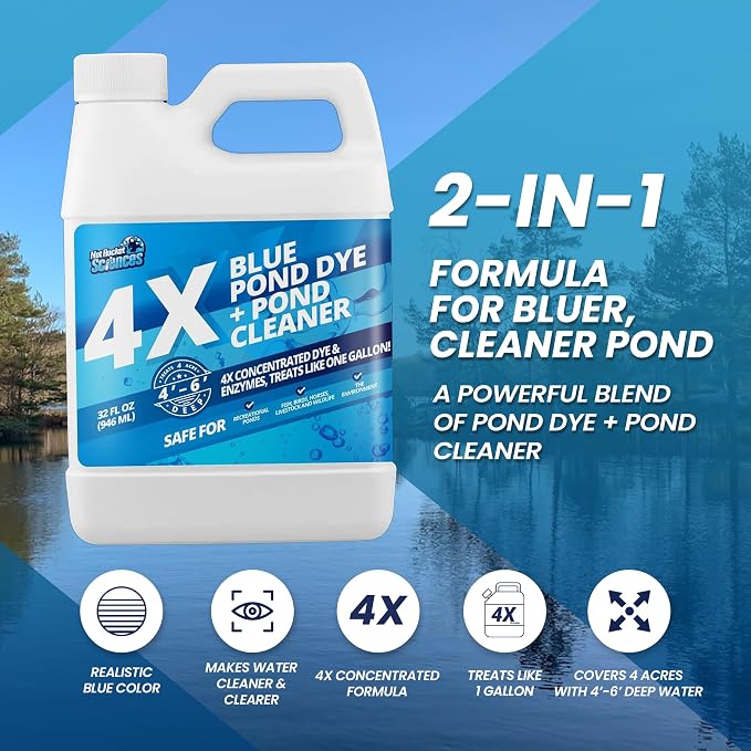 32oz 4X Blue Pond Dye + Pond Cleaner, Blue Dye for Ponds and Lakes, 2-in-1 Lake Colorant + Enzymes, Makes Murky Water Clean & Beautiful, Keeps the Water Cool, Clear, and Ideal for Fish & Wildlife