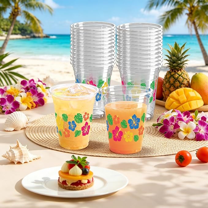 100 Pack Hawaii Hibiscus Flower Plastic Cups 12 oz Colorful Tropical Flower Disposable Cup Drinking Cold Beverage Cup for Summer Beach Luau Aloha Birthday Party Supplies
