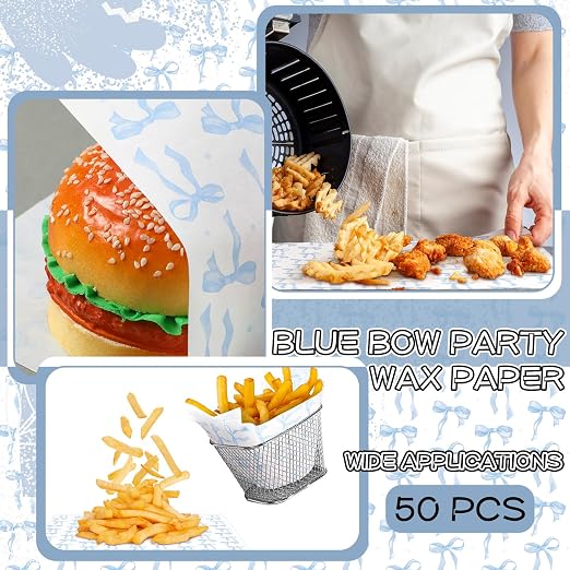 Geosar 100 Pcs Coquette Bow Paper Food Trays Bulk Bow Party Supplies Birthday Decor Disposable Food Boat Trays with Wax Paper Sheet Wrapping for Wedding Bridal Party Supplies(Blue)