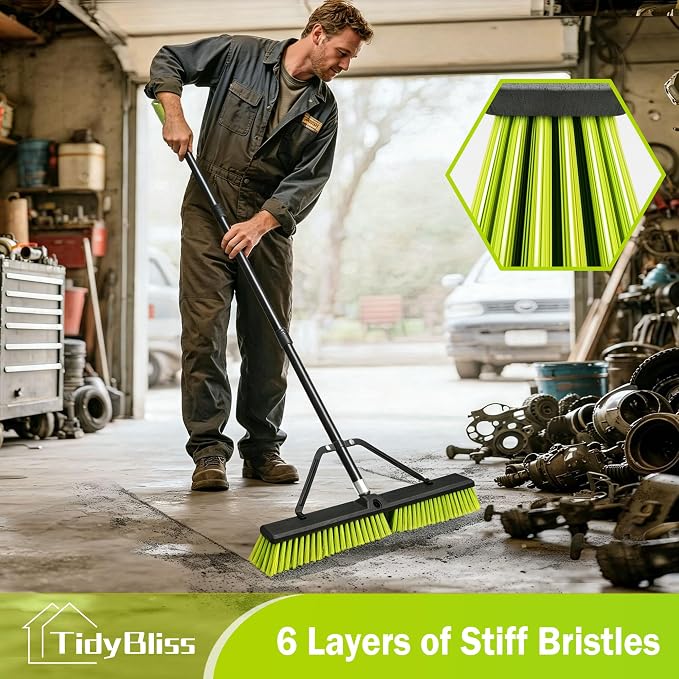 TidyBliss 2 Pack 24” Push Broom Outdoor Heavy Duty, Large Commercial Stiff Bristle Brush with 63 inches Long Handle for Garage Shop Garden Yard Patio Deck Street Warehouse Lawn Driveway (Yellow-Green)