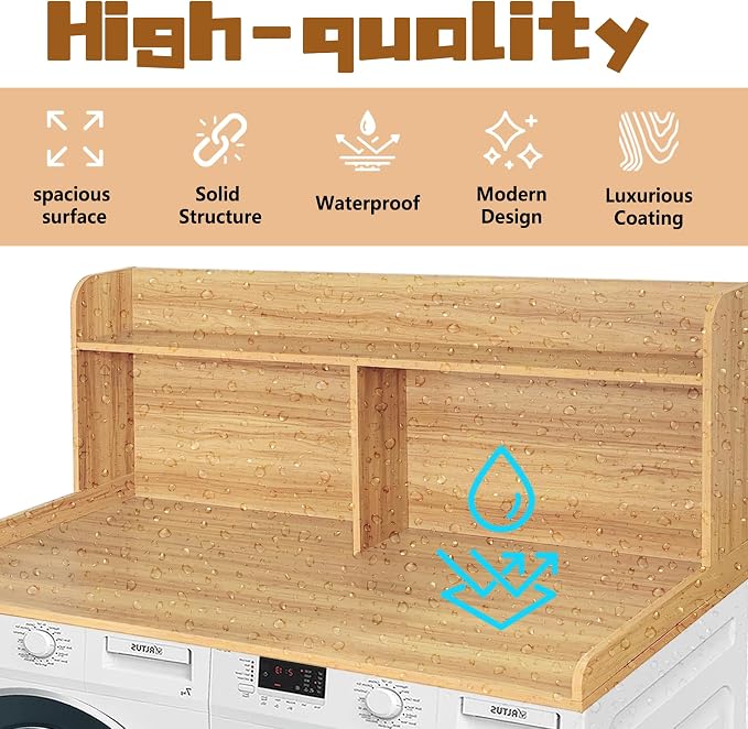 Royxen Washer Dryer Countertop with Extra Tall Shelf, 19" Height Washer and Dryer Topper, Laundry Countertop with Non-Slip Pads, Universal Fit for Laundry Room Organization, Oak