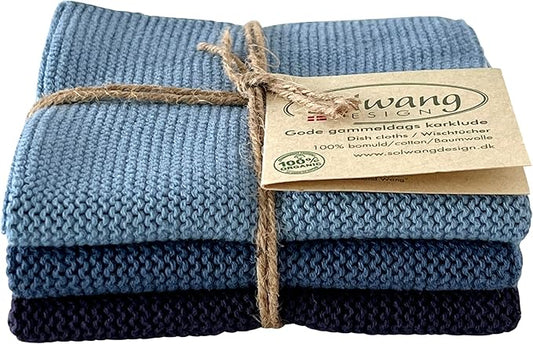 Solwang 3-Piece Danish Cotton Dishcloths in 100% Certified Organic Cotton Made in India (Dusty Blue Organic Combi)