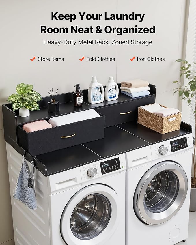 VEVOR 2 Drawers Washer Dryer Countertop with Shelf, 54" x 27" Wooden Laundry Countertop with 2 Hooks & Splicing Panels, Washer and Dryer Topper, Laundry Room Organization and Storage, Black