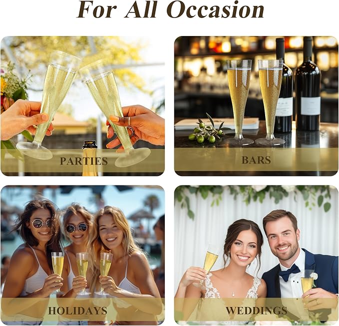 Bestluck 200 Pack Champagne Flutes Plastic, 4.5 oz Gold Glitter Plastic Disposable Stemware, Disposable Champagne Flutes for Party, Mimosa Bar, Wedding, Anniversary and Graduation