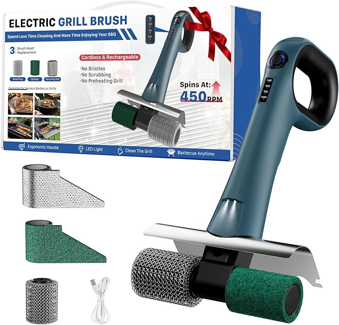 Hillyfe Grill Brush for Outdoor & 20 PCS Scouring Pads，Cordless Rechargeable Grill Brush with 3 Brush Heads, Grill Electric Cleaning Brushes Without Bristles, LED Light, Grill Scraper, Grilling Gifts