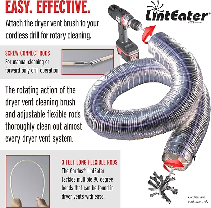 Gardus RJR601 LintEater Junior Rotary Dryer Vent Cleaning System, Removes Lint, Extends Up to 3’