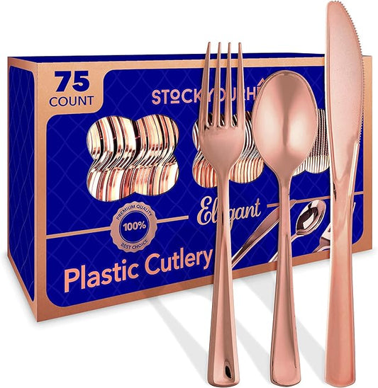 75-Pcs Heavy Duty (Rose Gold) Plastic Silverware Set, Disposable Cutlery Set, Great for Parties, Weddings, and Catering, Flatware Utensils Included: 25 Forks, 25 Spoons, 25 Knives, Packaging May Vary