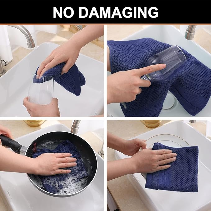 Homaxy 100% Cotton Dish Cloths, 8 Pack - 12 x 12 Inches, Waffle Weave Super Soft and Absorbent Dish Towels Quick Drying Dishcloths, Navy Blue