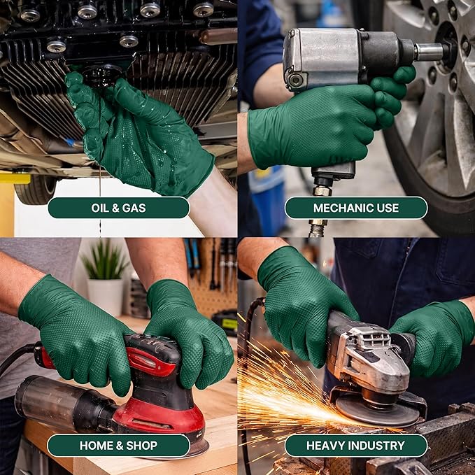 TitanFlex Heavy Duty Industrial Nitrile Gloves with Raised Diamond Texture, 6-mil, Latex Free (Dark Green)