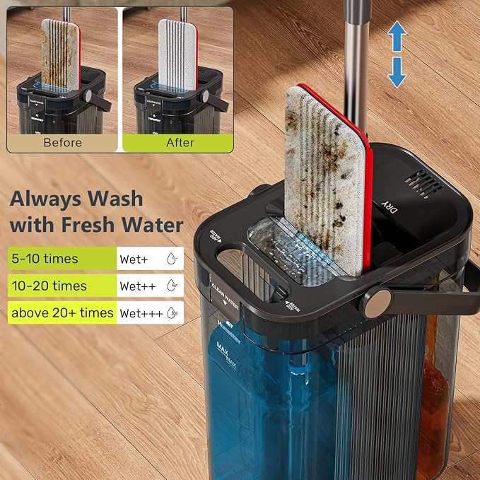 HoMettler 3-Tank Transparent Mop and Bucket Set with Separate Dirty & Clean Water, 65" Flat Mop for Floor Cleaning, 4 Machine Washable Microfiber Pads for Wood Tile - Black